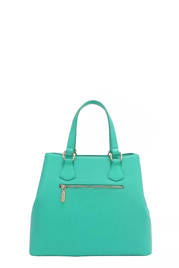 Emerald green monogram handbag with front zipper pocket and double top handles