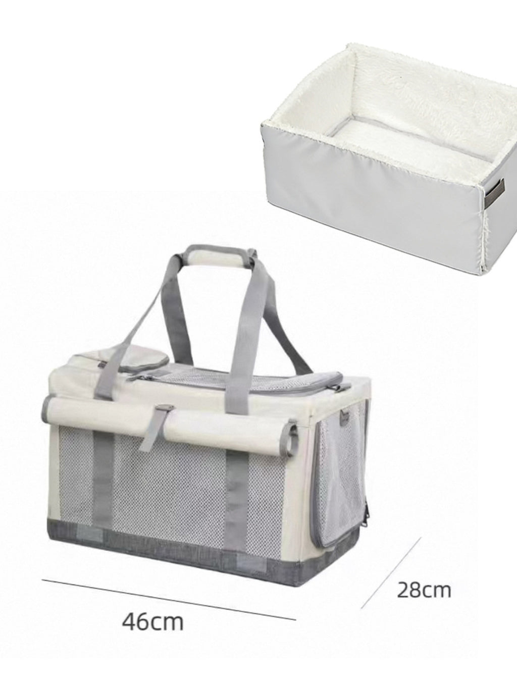 Gray pet carrier bag folded for storage, with handle and mesh insert on the front.