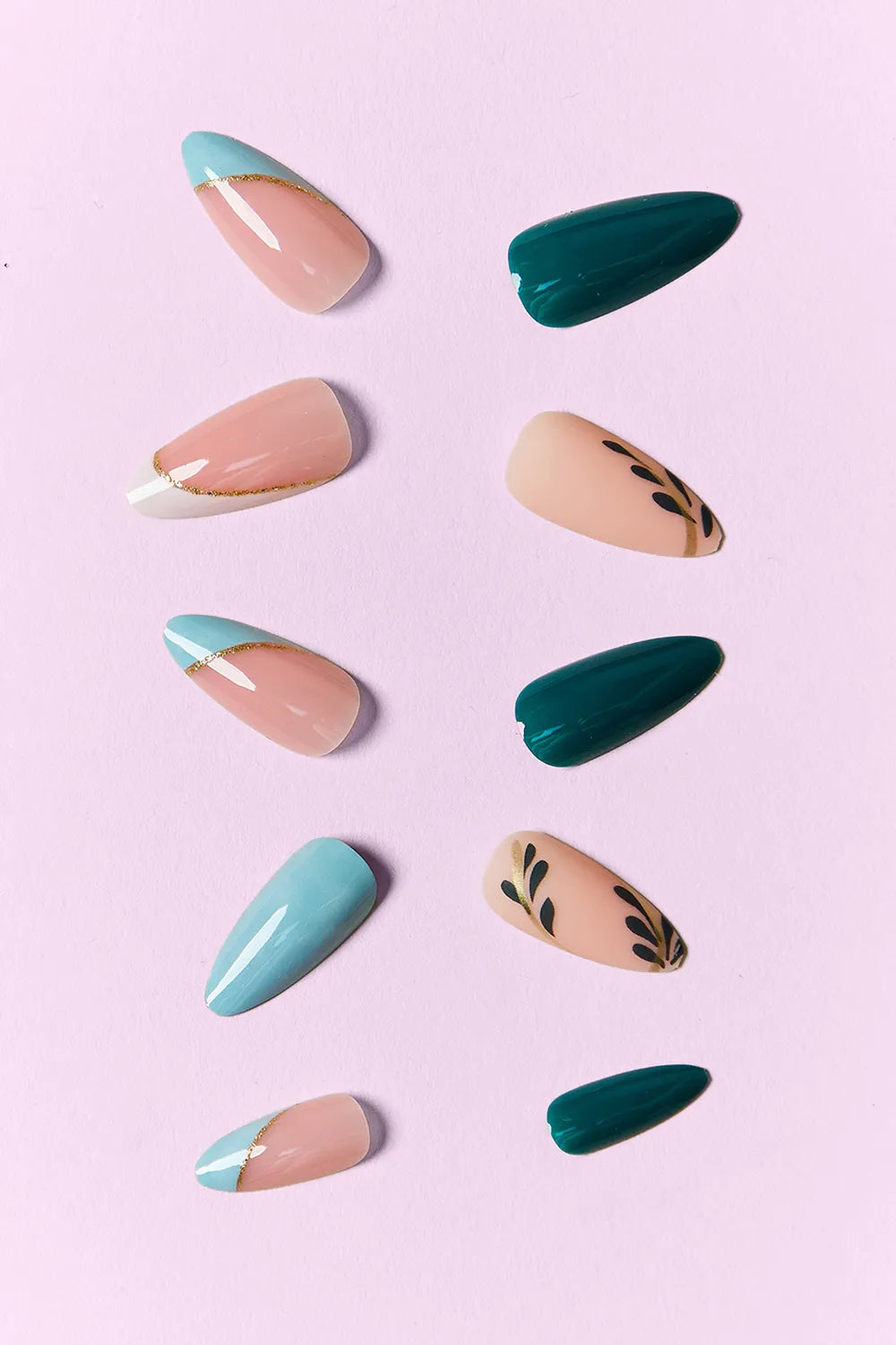 SO PINK BEAUTY Press On Nails 2 Packs: mix of nude, teal, and patterned tips