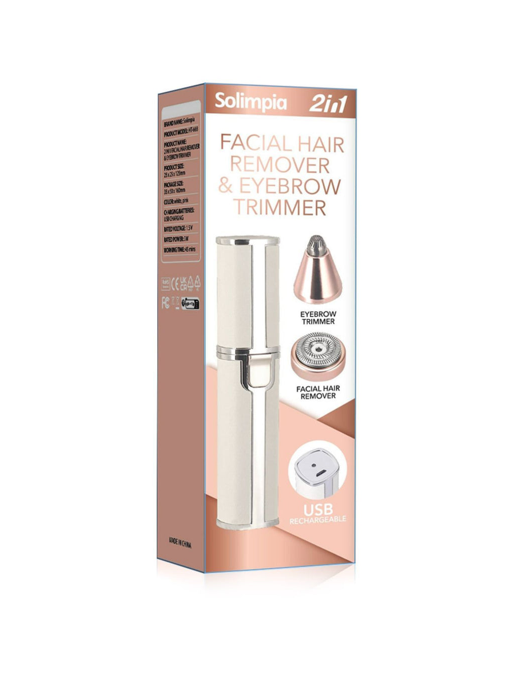 Solimpia boxed facial hair remover & eyebrow trimmer, USB rechargeable