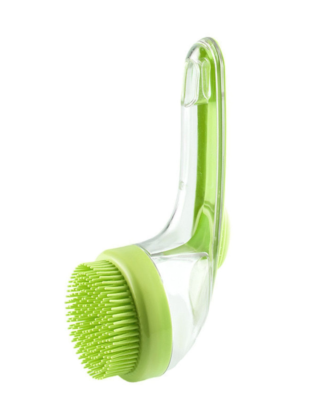 Soft Pet Shower Brush lime green bristle head on clear curved handle