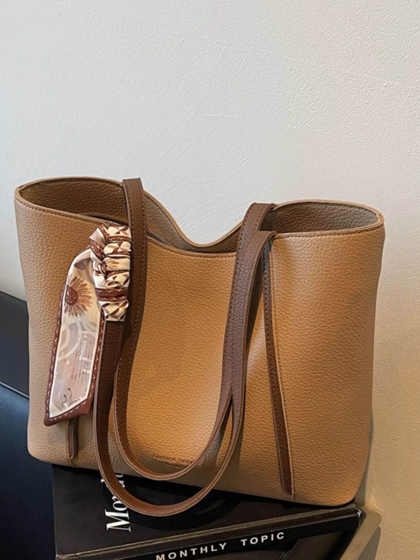 Khaki tote bag, wide open top with dual straps and decorative hanging scarf