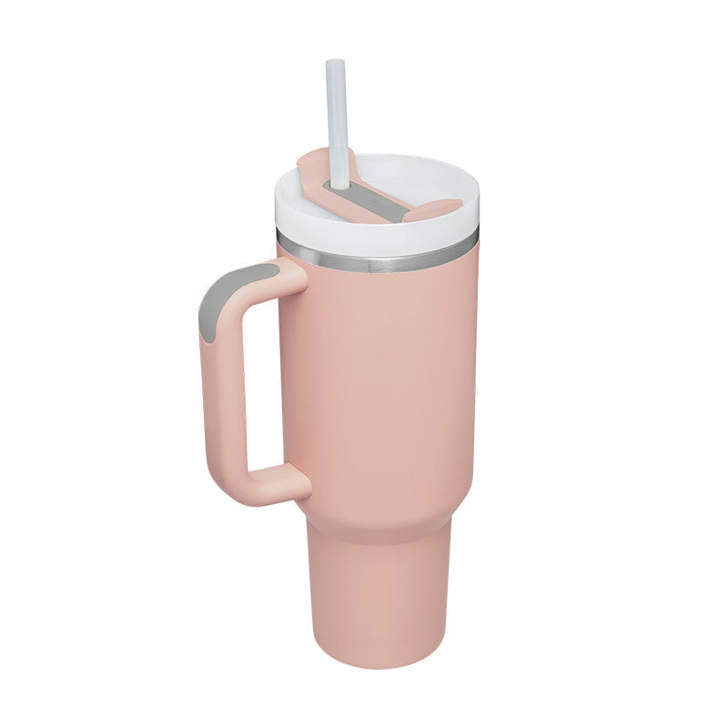 40 oz insulated tumbler with handle, straw & lid in soft pink