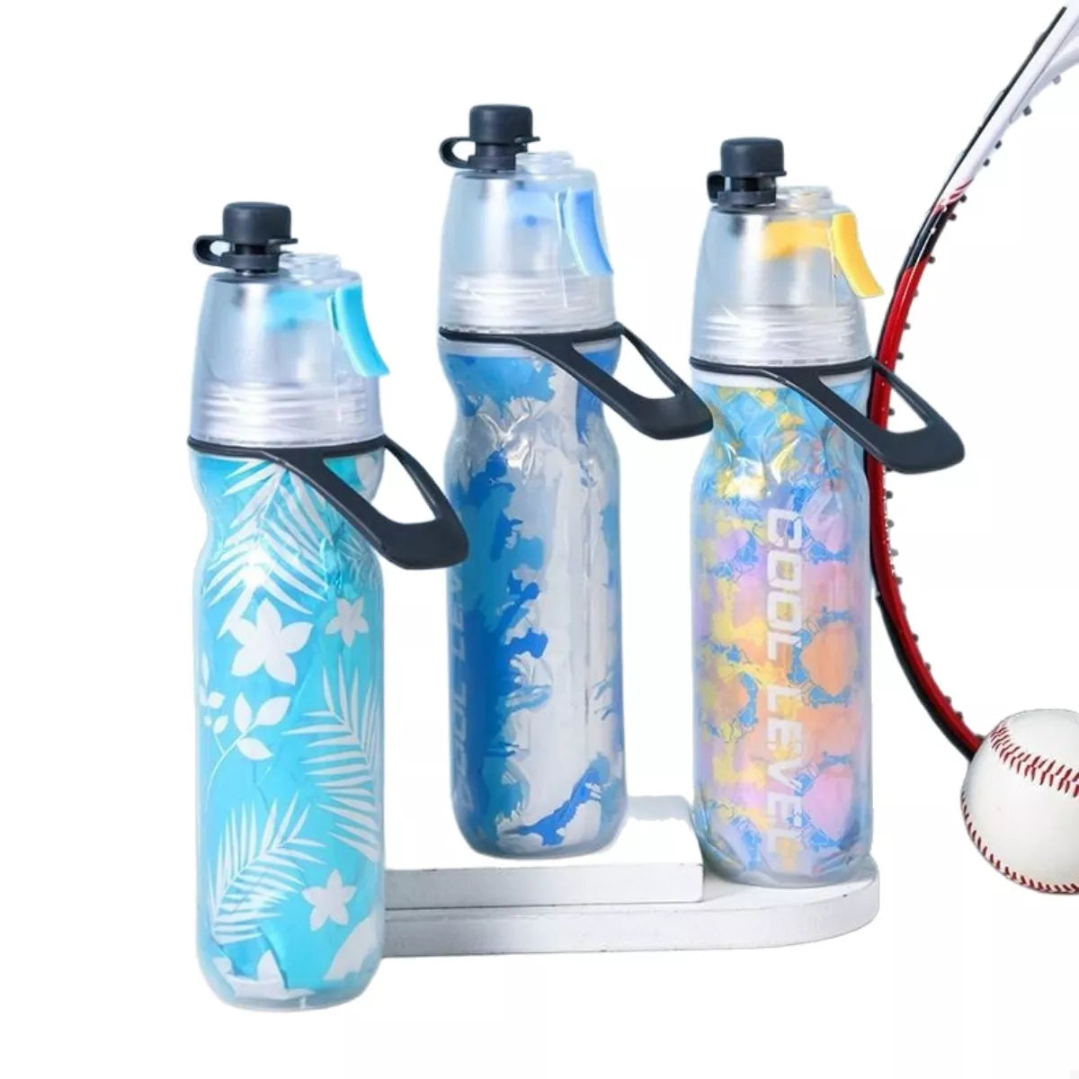 Spray water bottles trio: sky blue, blue, and multicolor design, black trigger handles