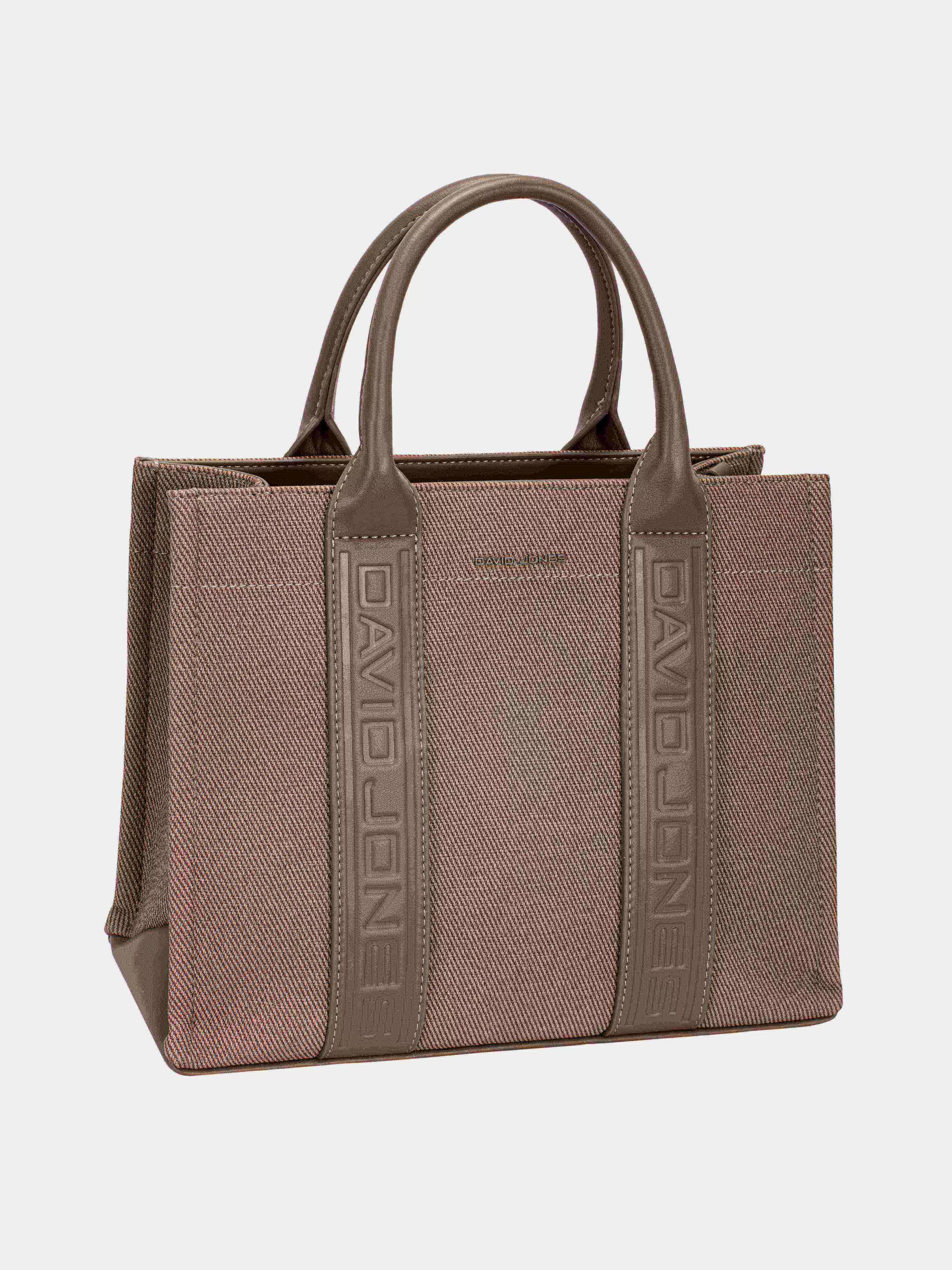 David Jones canvas tote with contrast leather handles and embossed vertical logo panels