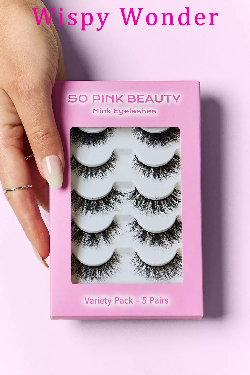 SO PINK BEAUTY Mink eyelash variety pack, Wispy Wonder, 5 pairs in pink box
