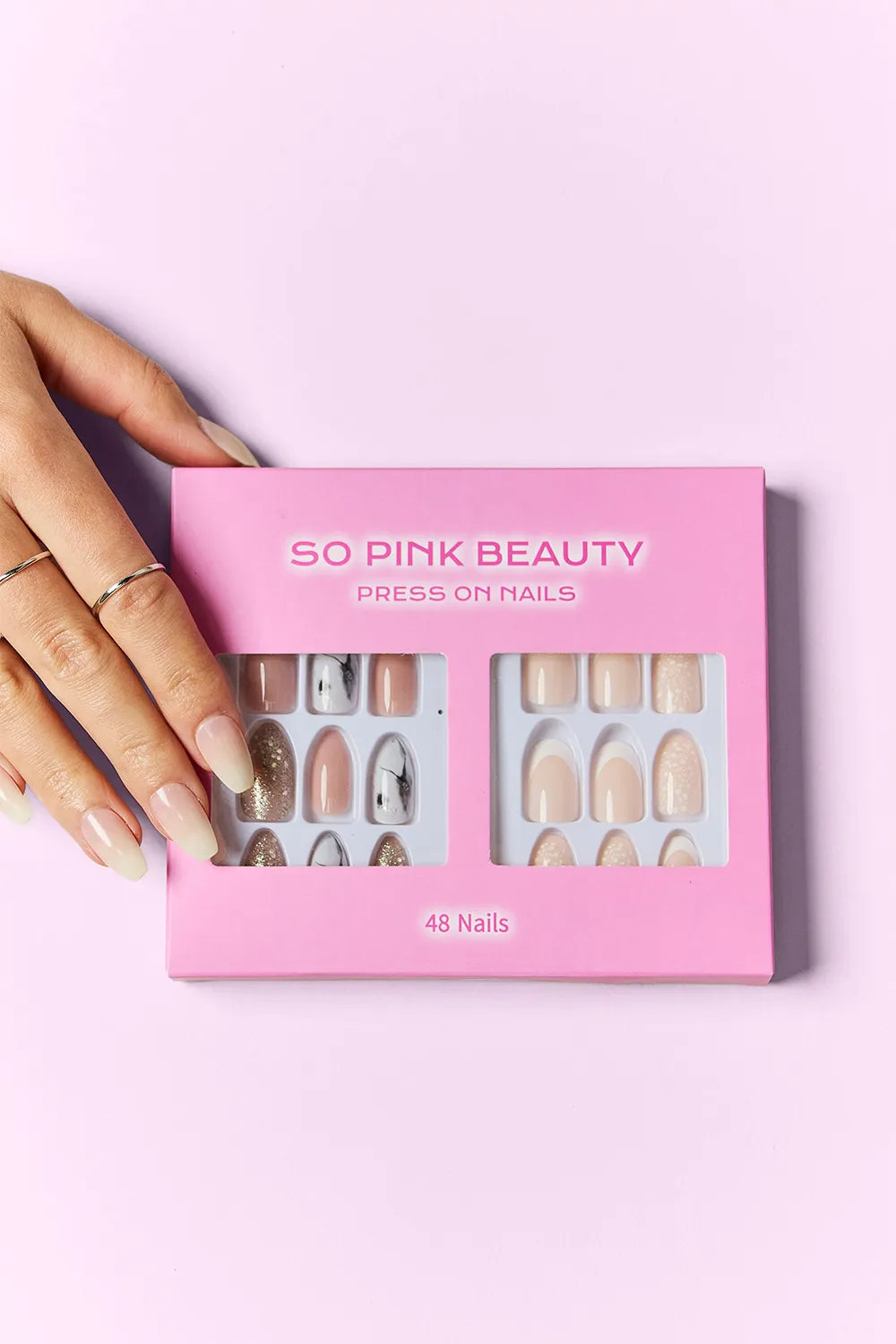 SO PINK BEAUTY press-on nails set, 48 nails in display box with mixed designs