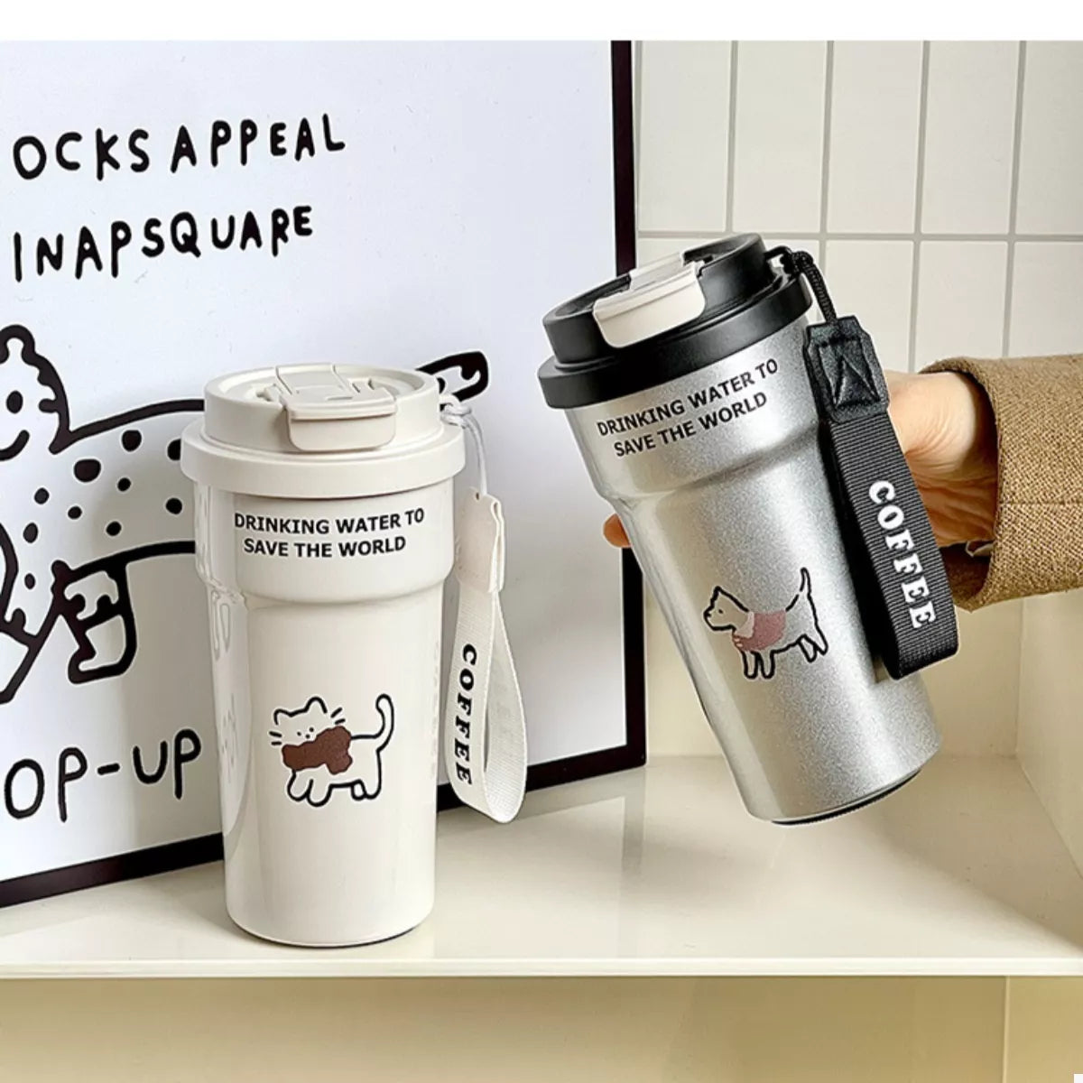 Cute cat stainless steel tumbler with straw, cream and black, drinking-water text